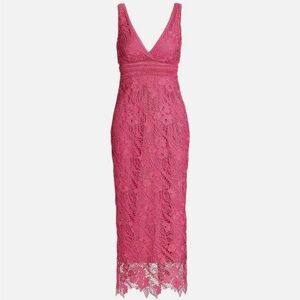 NWT Monique Lhuillier Floral Guipure Hot Pink Fushia Lace Sheath Midi Dress